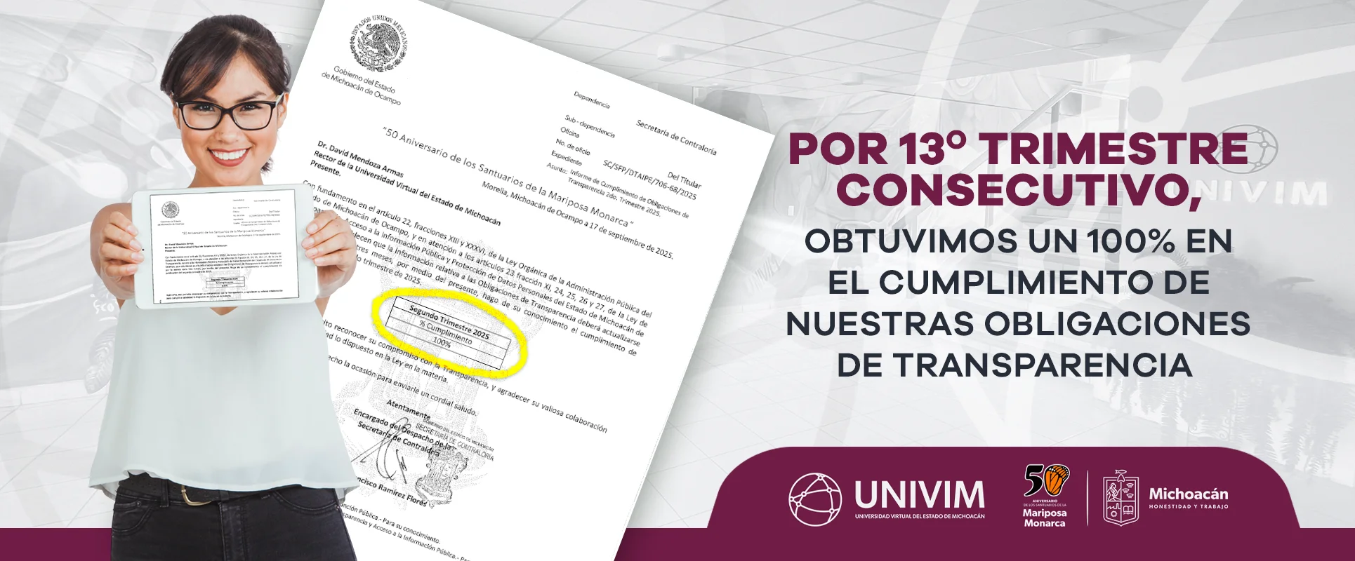 Por treceavo trimestre consecutivo logramos un 100% en el cumplimiento de nuestras obligaciones de transparencia
